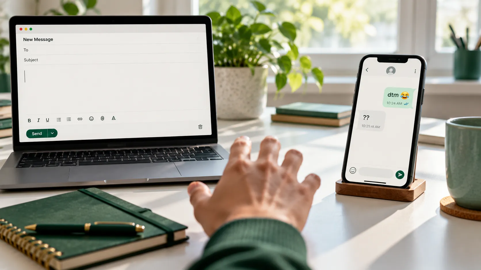 Hand hovering between an open laptop with a blank email and a phone showing a casual chat