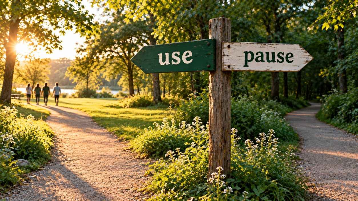 Wooden signpost at a park path fork with arrows reading use and pause, showing when to use rd in text
