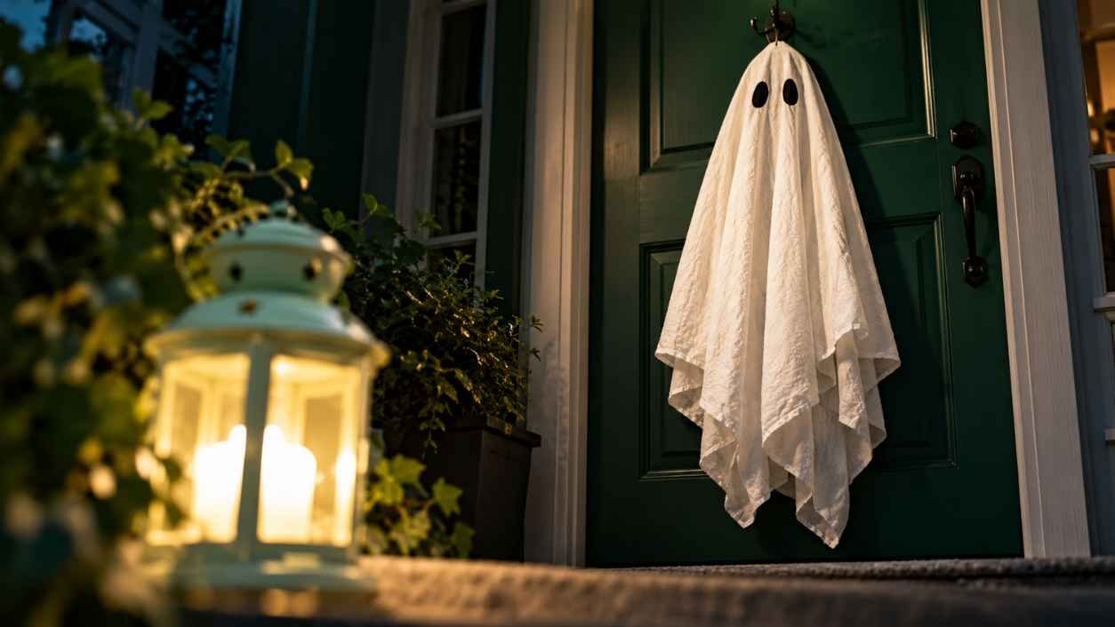 A white sheet ghost costume with eyeholes hanging on a forest green door beside a glowing mint glass lantern at dusk.