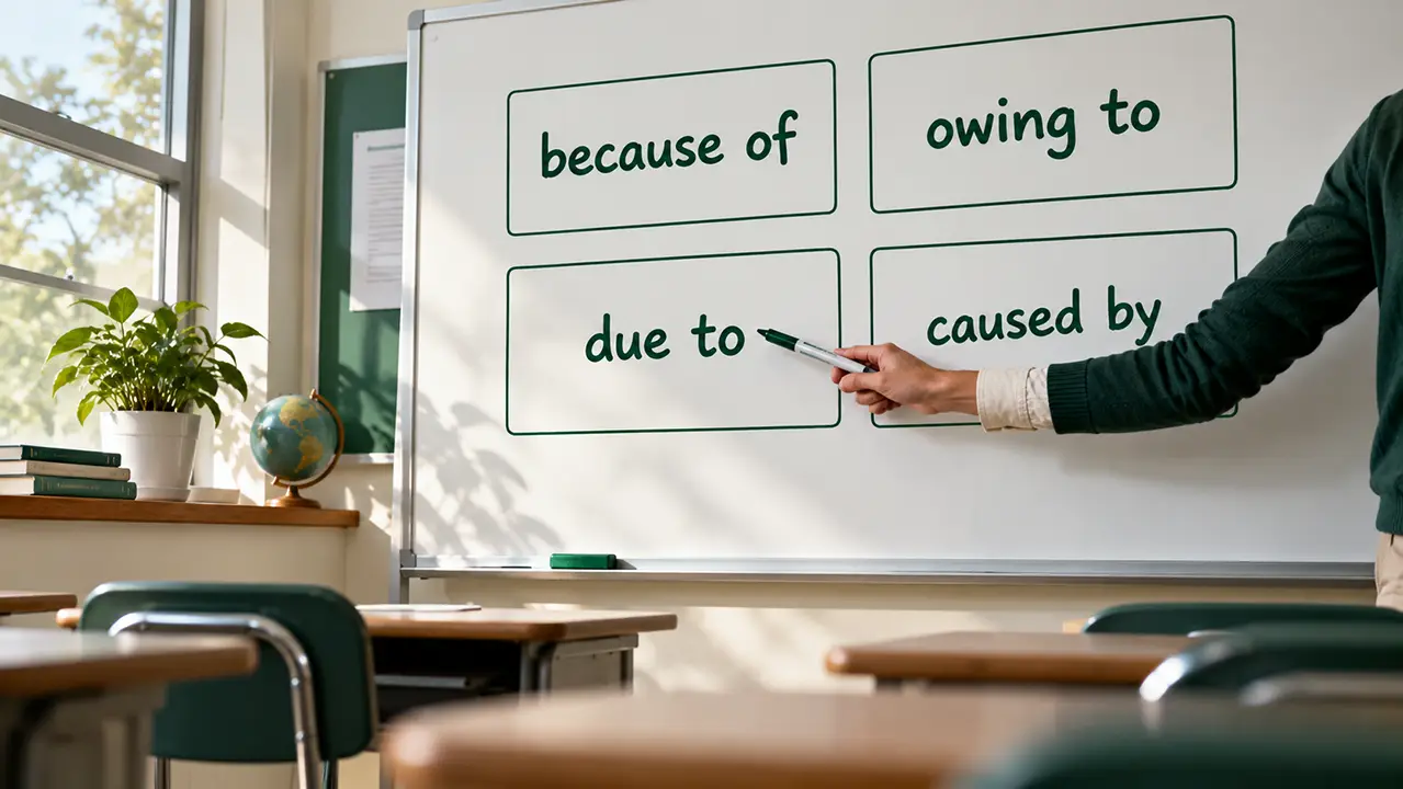 Classroom whiteboard with four boxed phrases showing different ways to state a cause