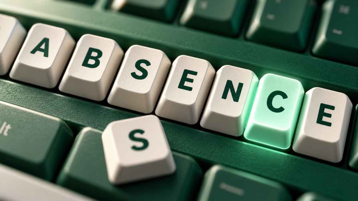 Close-up of keyboard keys spelling absence with the letter C key glowing mint