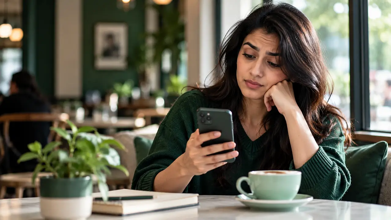 Woman at a café reading a phone with a slightly raised eyebrow and uncertain expression.