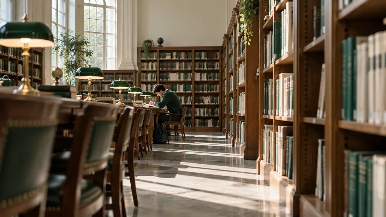 Writer at a sunlit library table pausing over a notebook while green desk lamps line the reading room