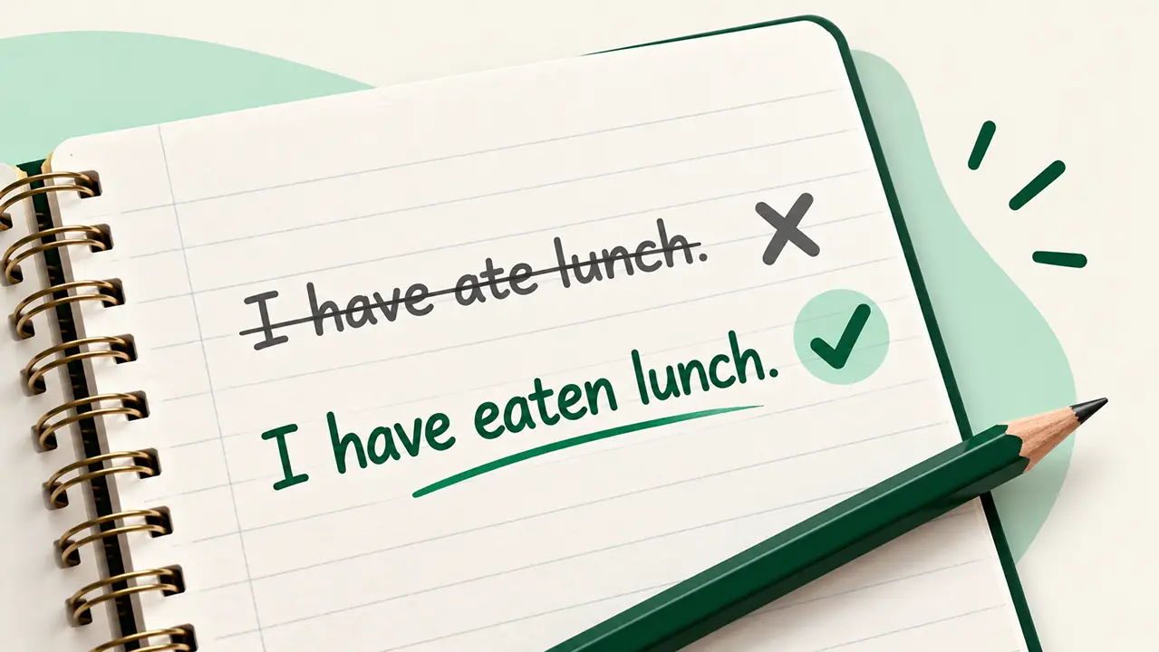 Notebook page with the sentence I have ate lunch struck through and I have eaten lunch written below with a check mark
