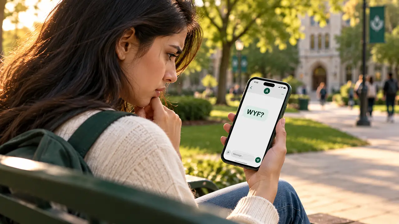 Person on a campus bench reading a WYF text message and wondering what it means